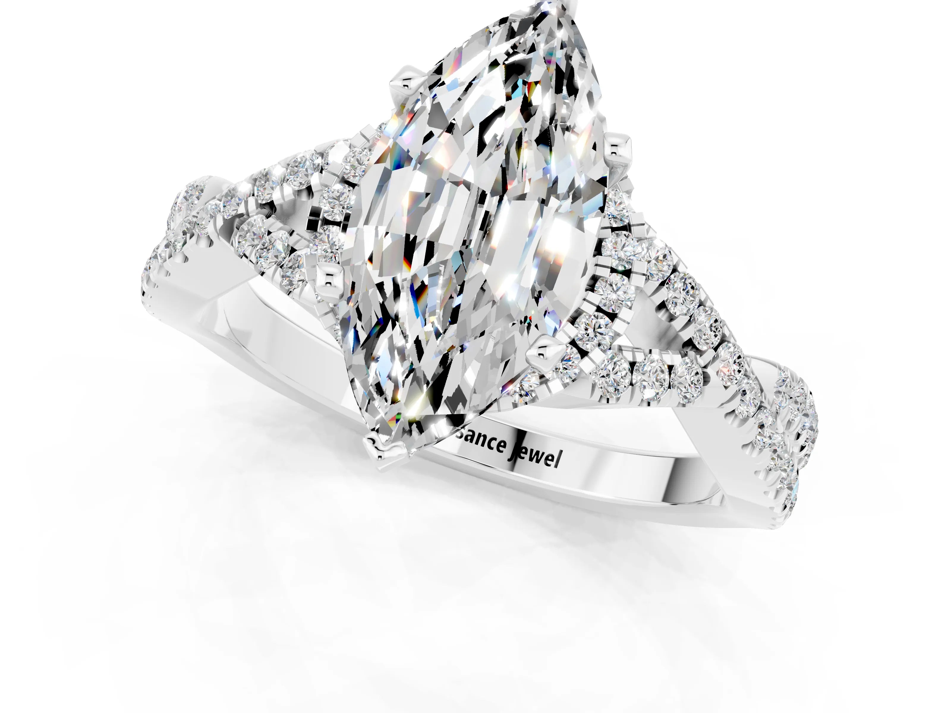 White gold Marquise Cut Moissanite Halo Twist Band Solitaire Prong Setting Ring_1