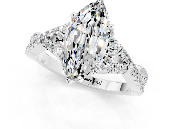 White gold Marquise Cut Moissanite  Halo Twist Band Solitaire Prong Setting Ring