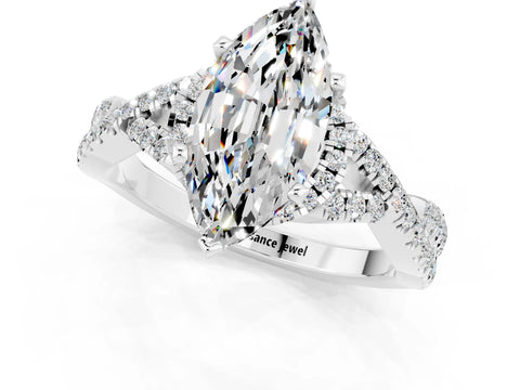 White gold Marquise Cut Moissanite Halo Twist Band Solitaire Prong Setting Ring_1