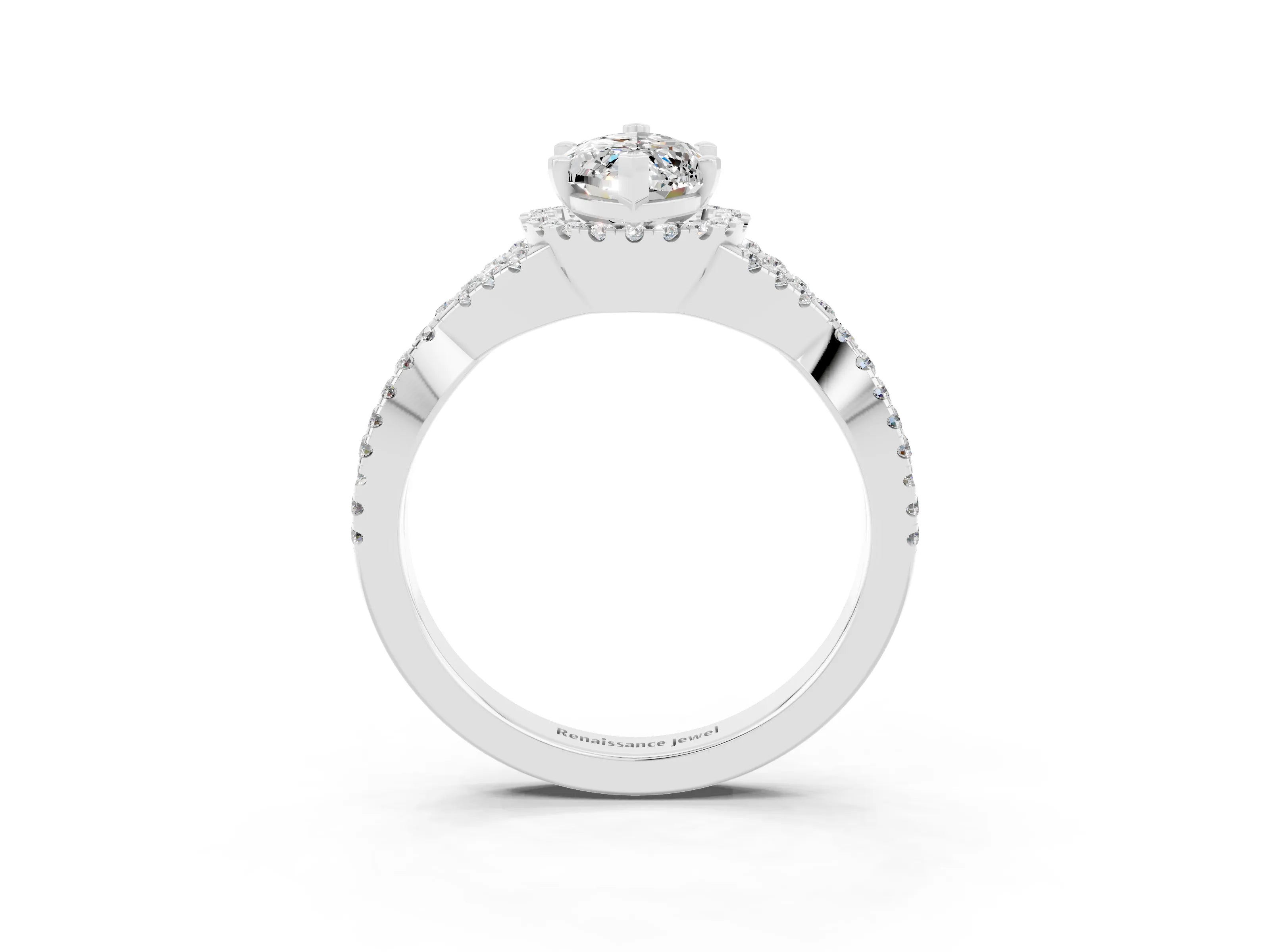 White gold Marquise Cut Moissanite Halo Twist Band Solitaire Prong Setting Ring_3