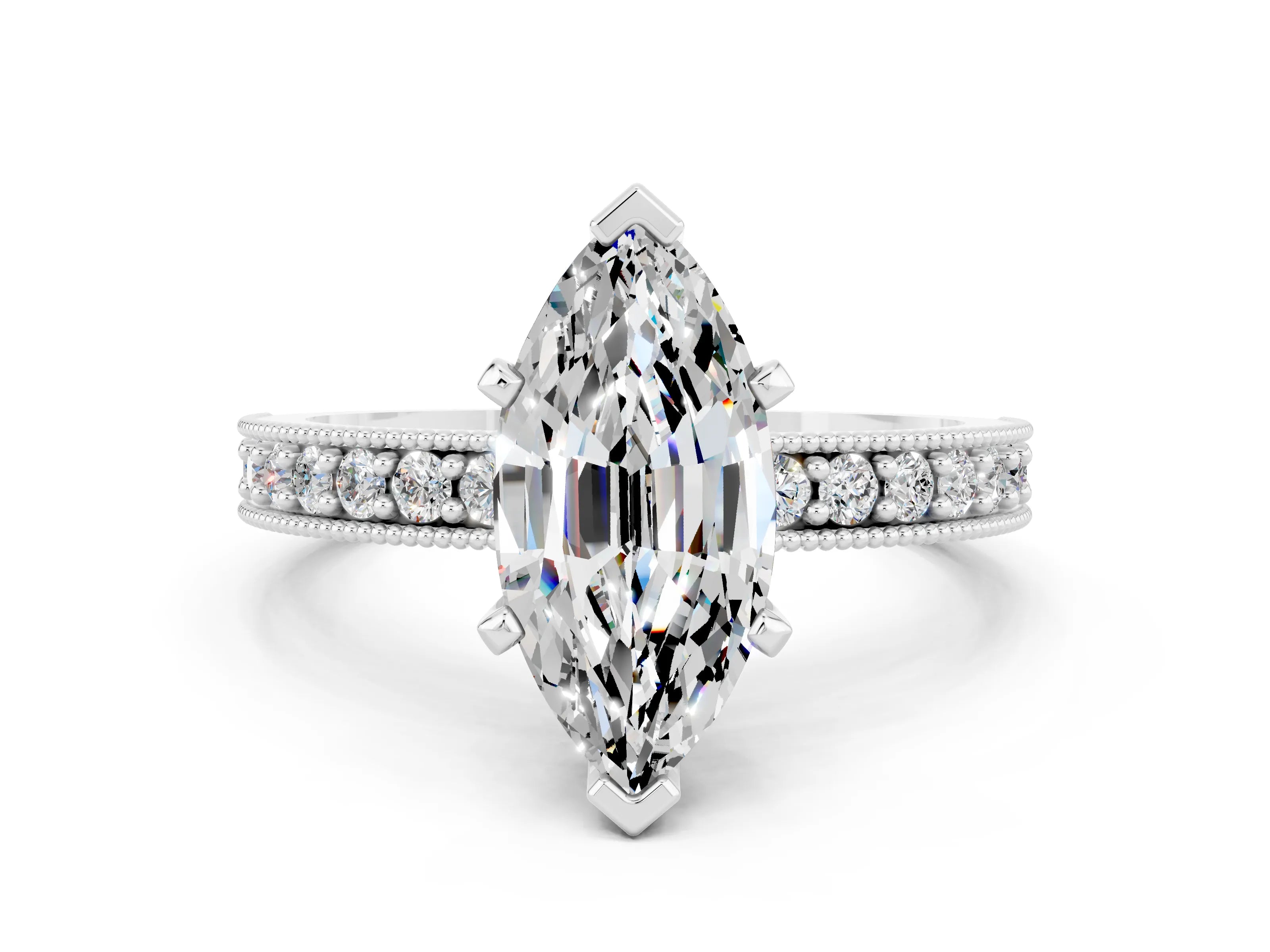 White gold Marquise Cut Moissanite Milgrain Pavé Engagement Ring with Four-Prong Setting