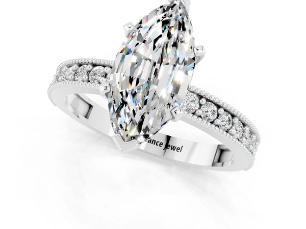 Silver Marquise Cut Moissanite Milgrain Pavé Engagement Ring with Four-Prong Setting