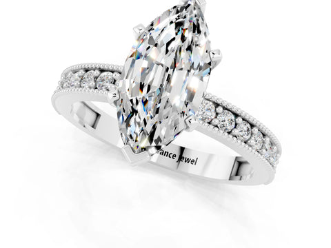 White gold Marquise Cut Moissanite Milgrain Pavé Engagement Ring with Four-Prong Setting_1