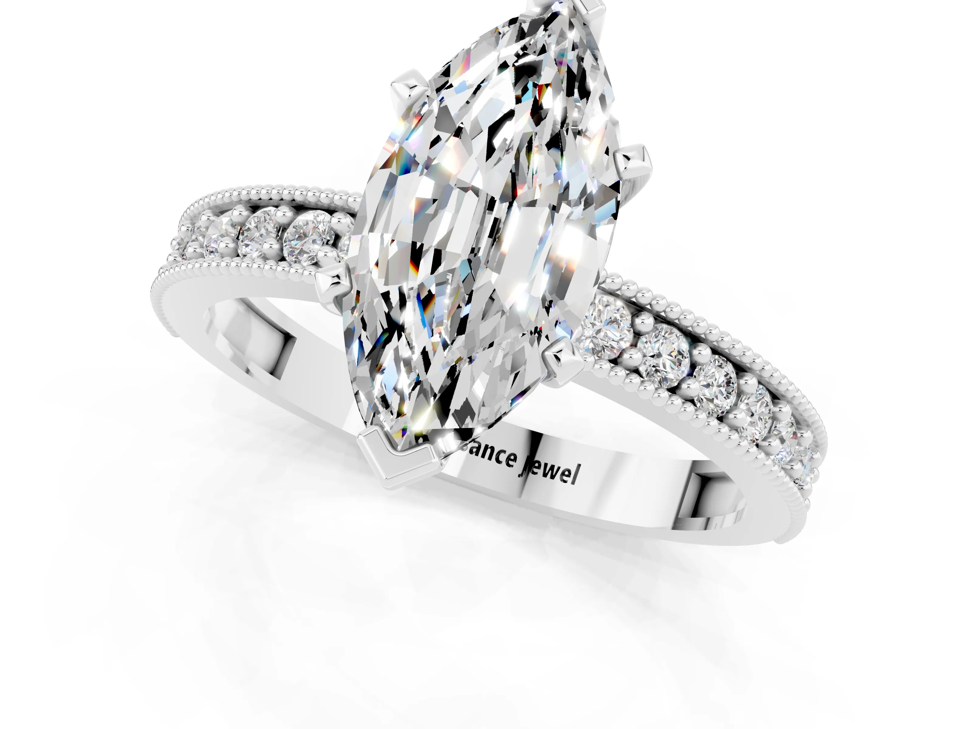 White gold Marquise Cut Moissanite Milgrain Pavé Engagement Ring with Four-Prong Setting_1