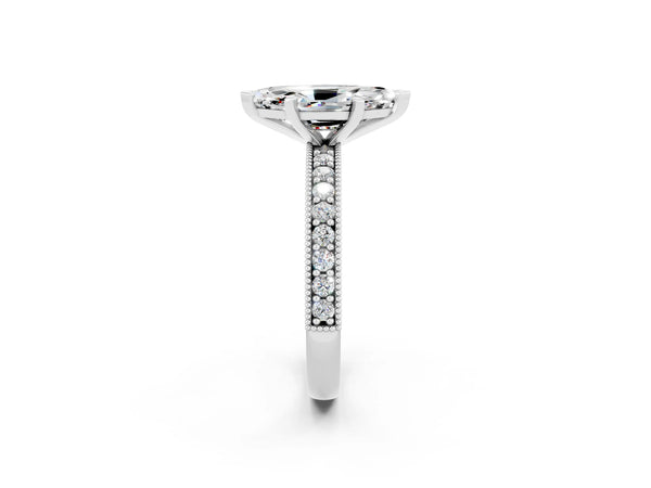 Silver Marquise Cut Moissanite Milgrain Pavé Engagement Ring with Four-Prong Setting