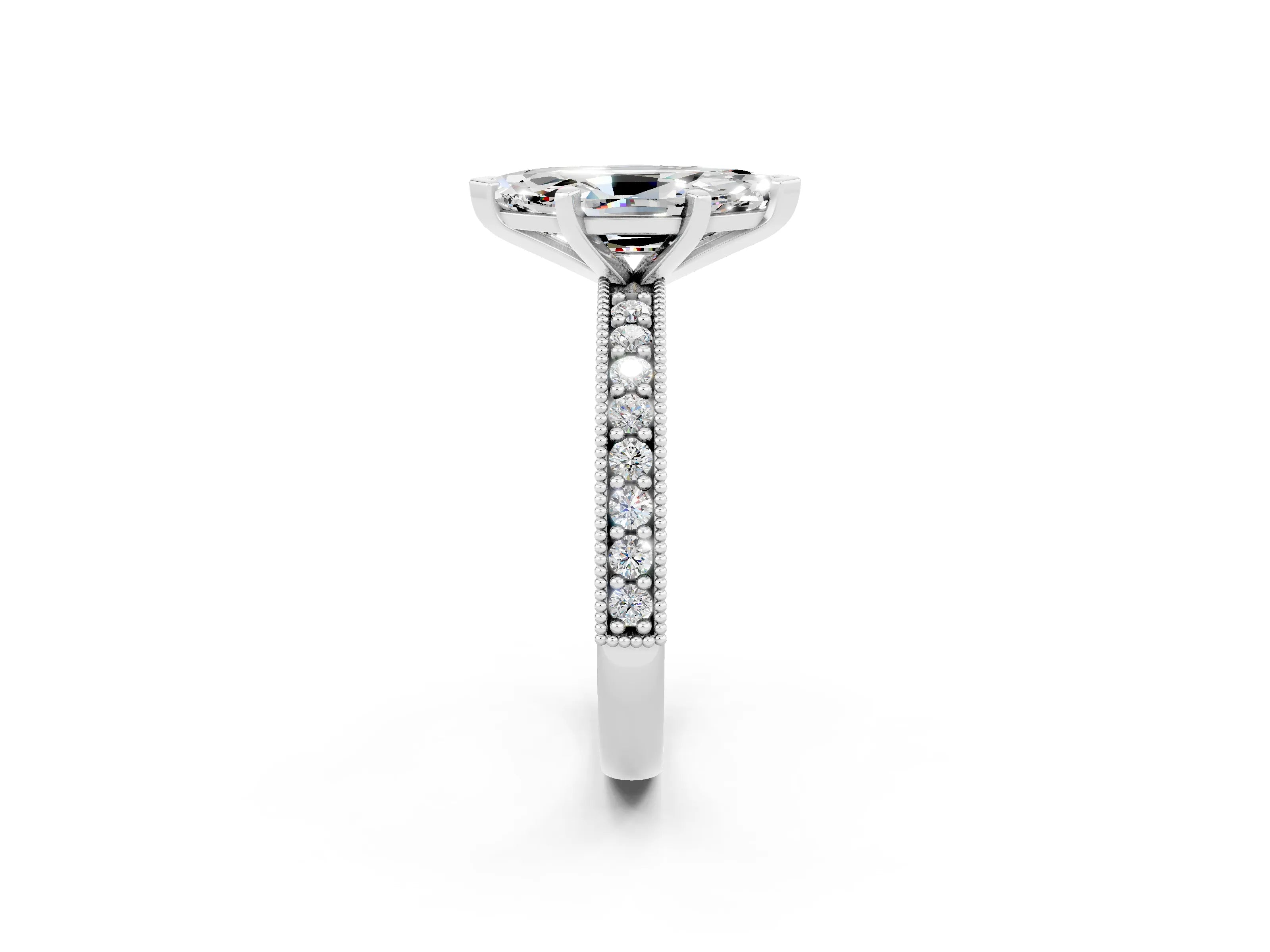 White gold Marquise Cut Moissanite Milgrain Pavé Engagement Ring with Four-Prong Setting_2