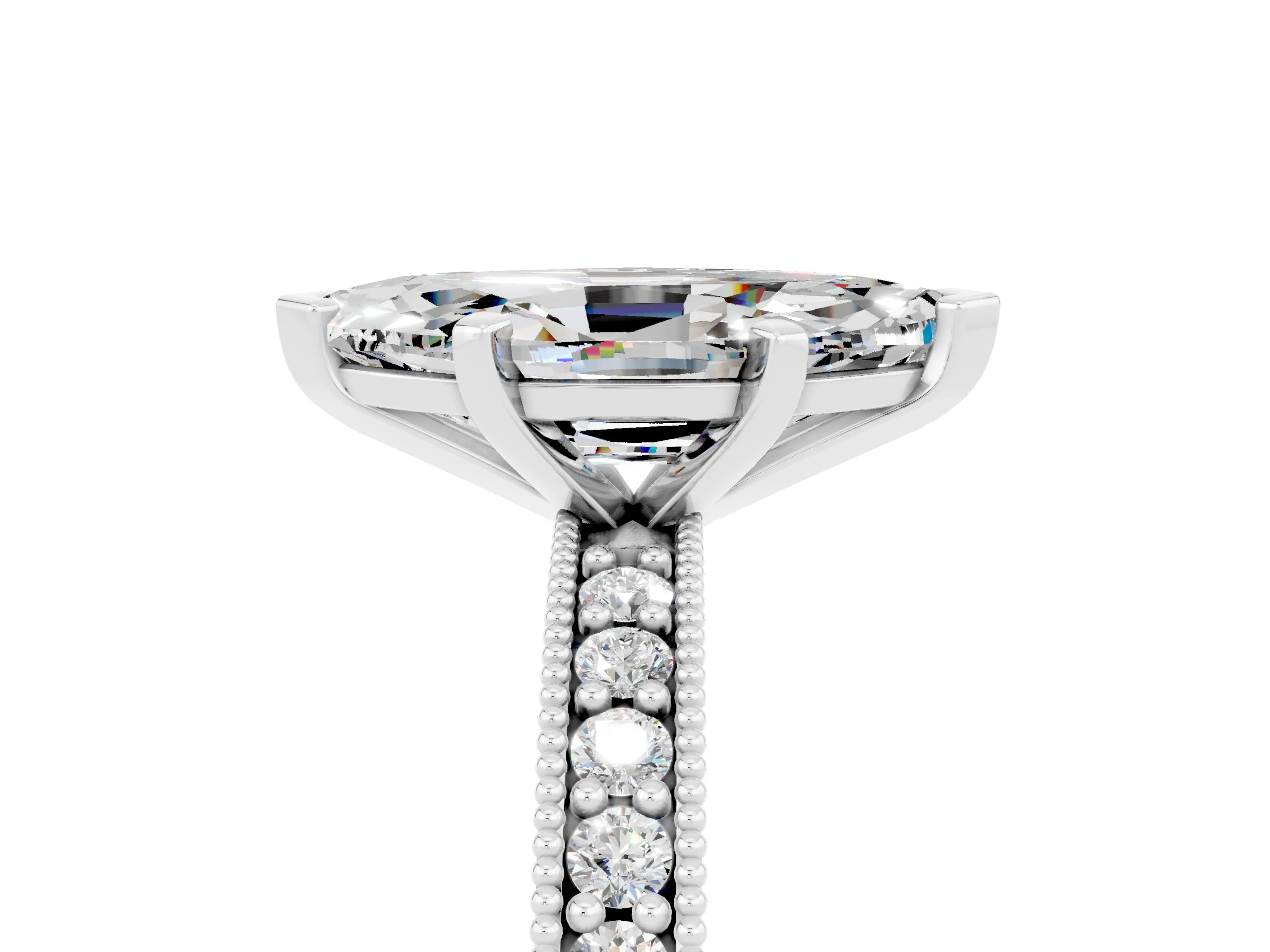 White gold Marquise Cut Moissanite Milgrain Pavé Engagement Ring with Four-Prong Setting_5