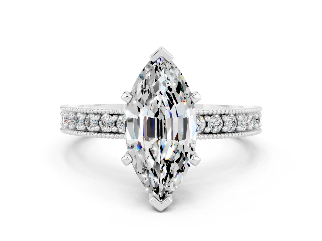 White gold Marquise Cut Moissanite Milgrain Pavé Engagement Ring with Four-Prong Setting