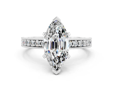 White gold Marquise Cut Moissanite Milgrain Pavé Engagement Ring with Four-Prong Setting