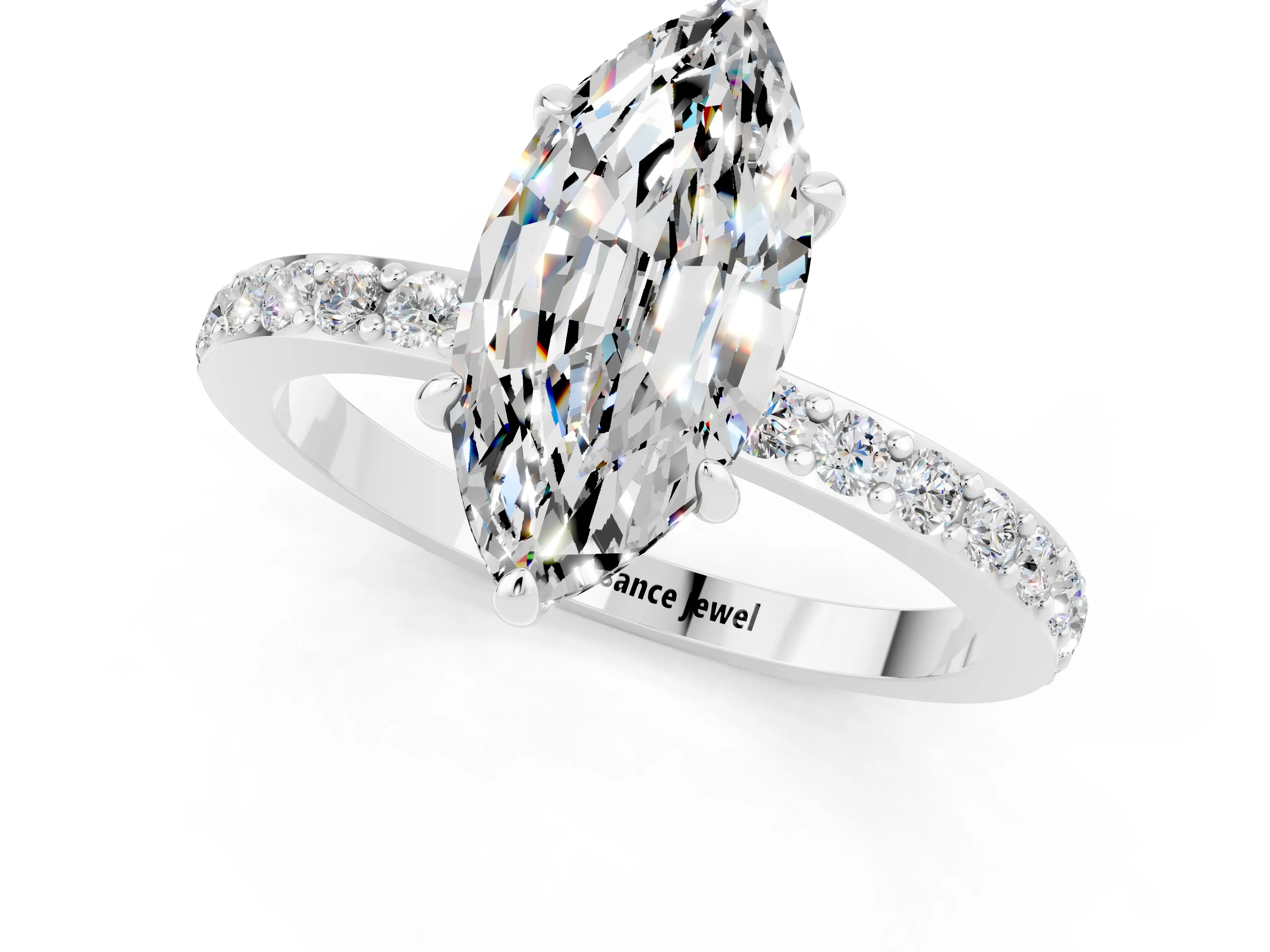 White gold Marquise Cut Moissanite Pavé Engagement Ring with Round  Accents and Prong Setting_25