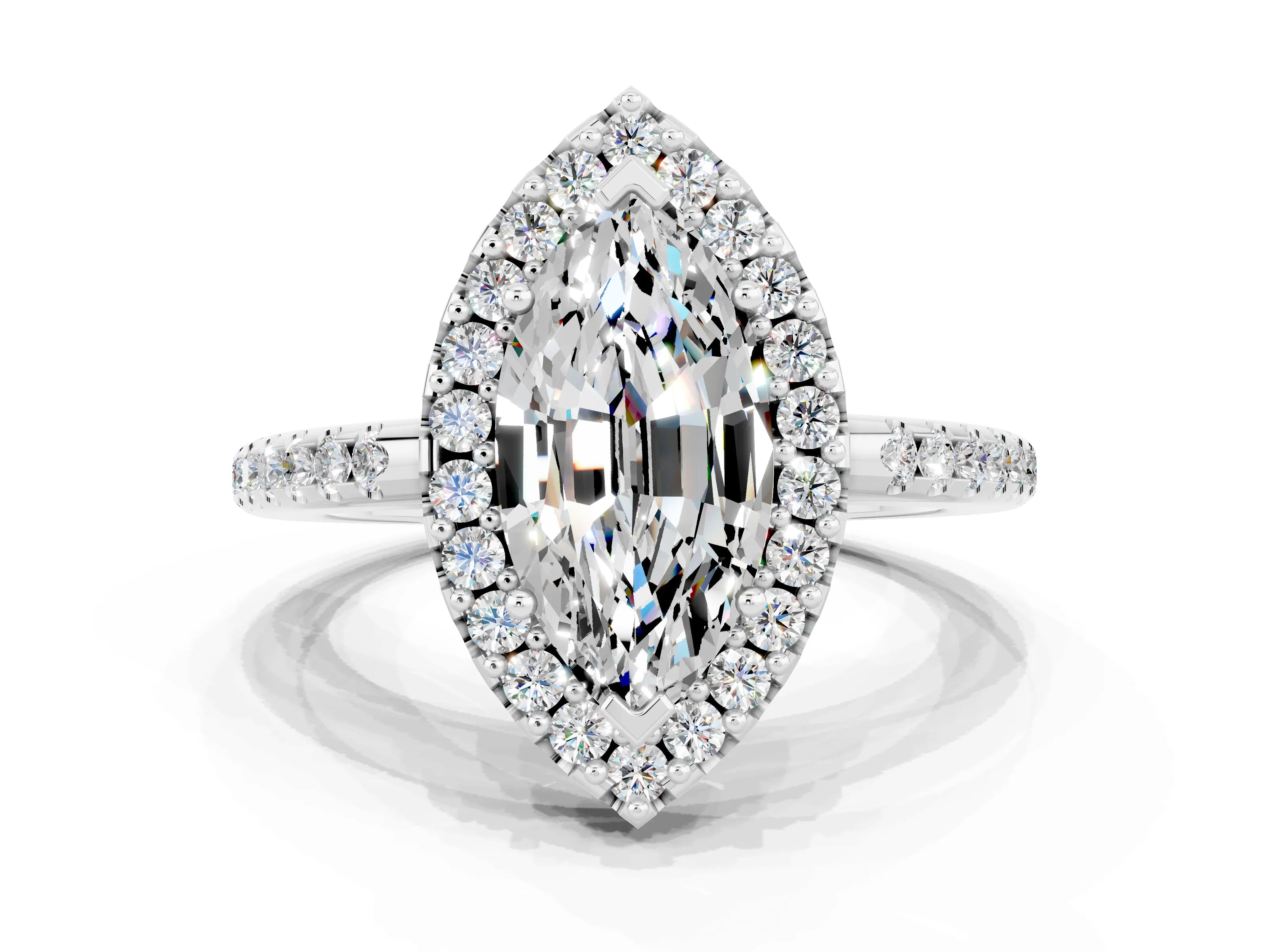 White gold Marquise Cut Moissanite Pavé Halo Ring with Four-Prong Setting_12