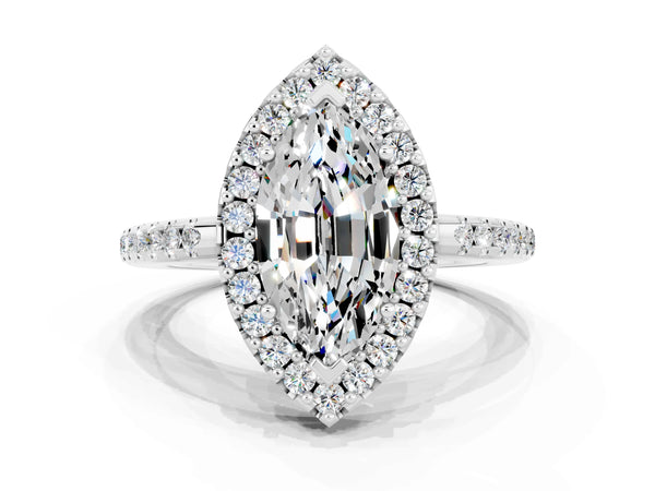 White gold Marquise Cut Moissanite Pavé Halo Ring with Four-Prong Setting