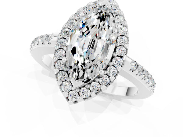 Platinum Marquise Cut Moissanite Pavé Halo Ring with Four-Prong Setting