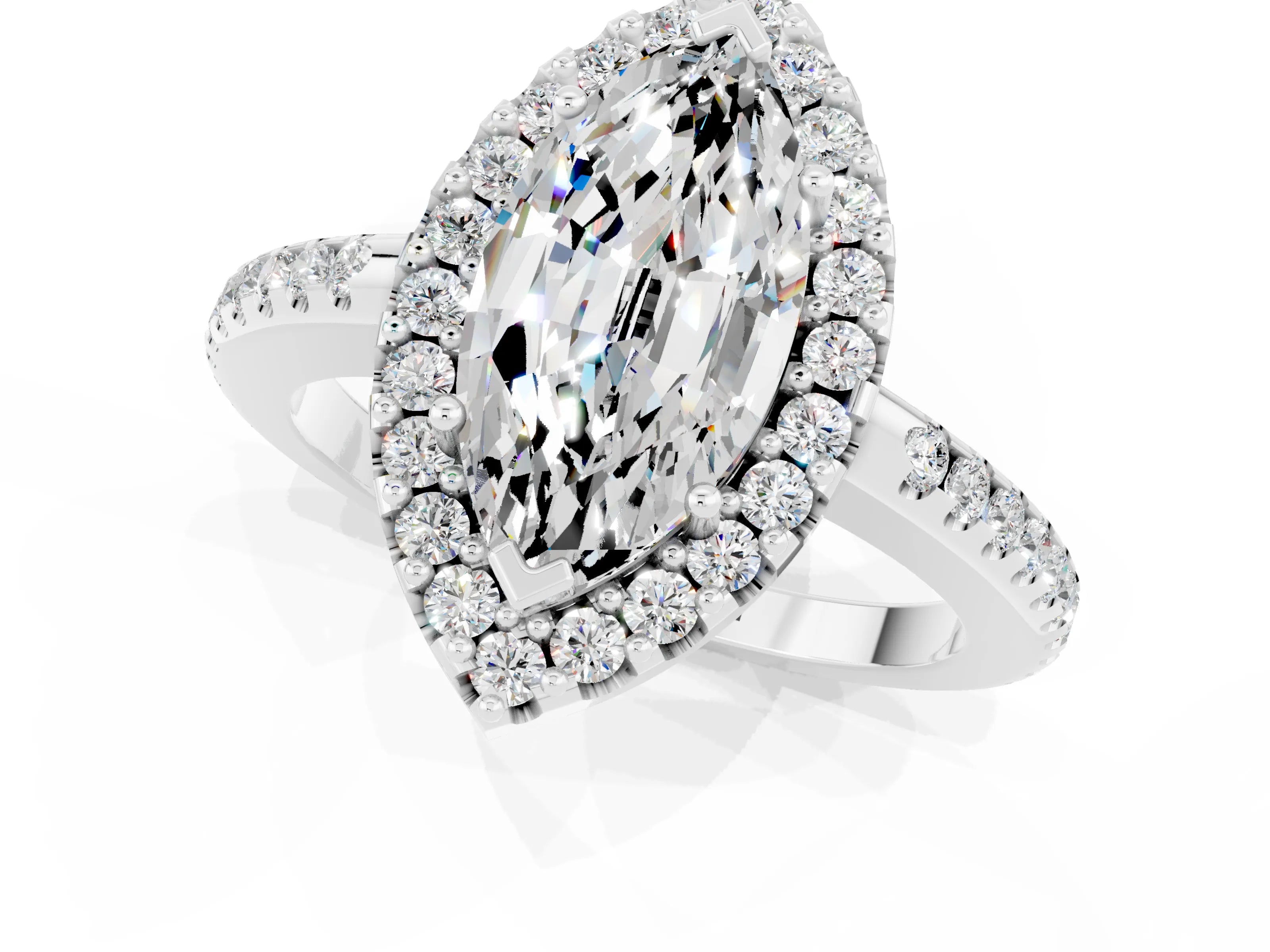 White gold Marquise Cut Moissanite Pavé Halo Ring with Four-Prong Setting_13