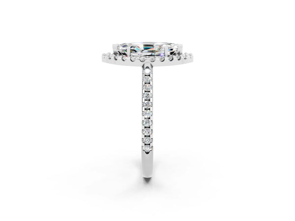 Platinum Marquise Cut Moissanite Pavé Halo Ring with Four-Prong Setting