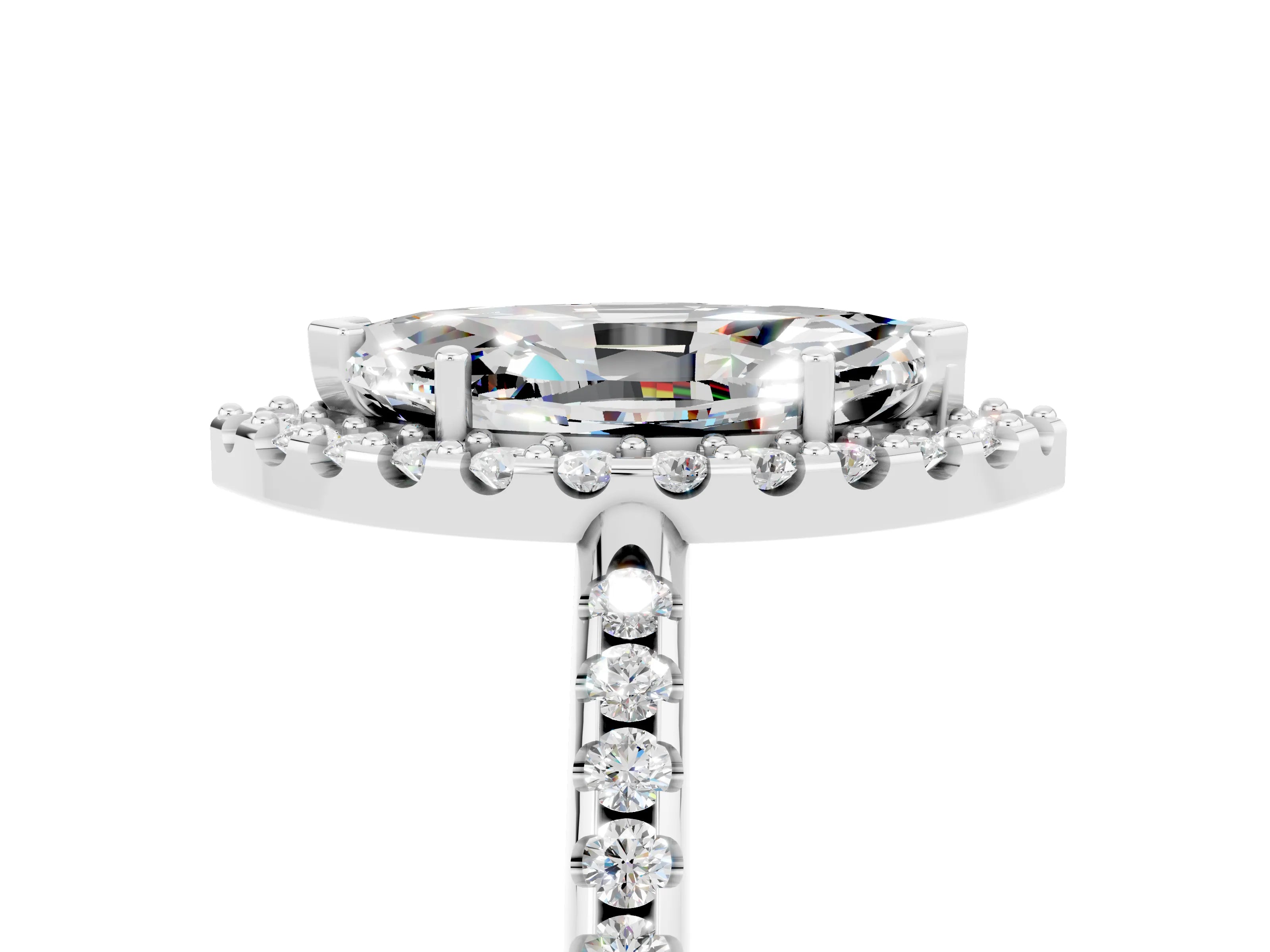 White gold Marquise Cut Moissanite Pavé Halo Ring with Four-Prong Setting_17