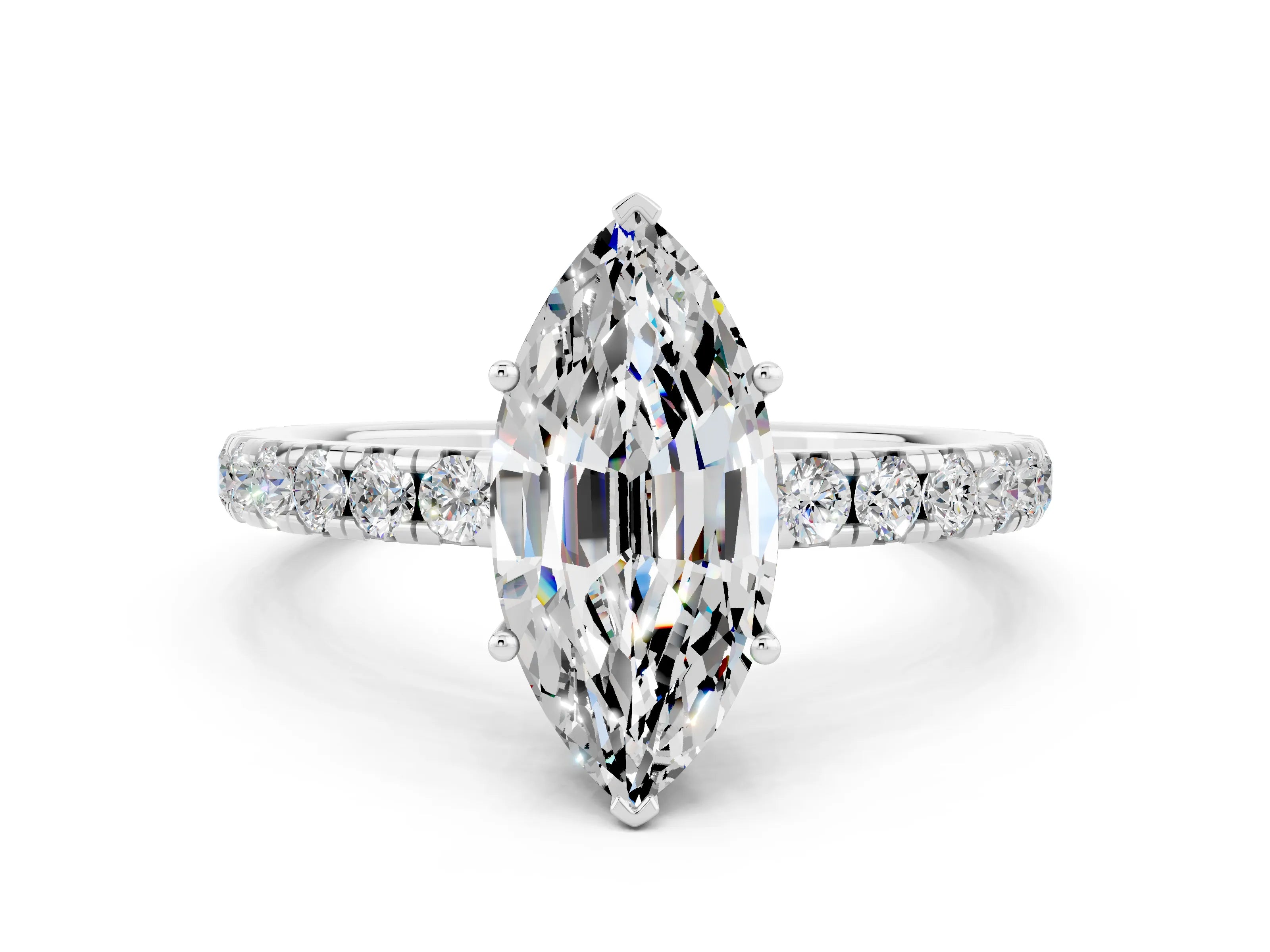 White gold Marquise Cut Moissanite Pavé Solitaire Engagement Ring with Four-Prong Setting_12