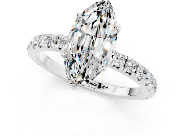 Platinum Marquise Cut Moissanite Pavé Solitaire Engagement Ring with Four-Prong Setting