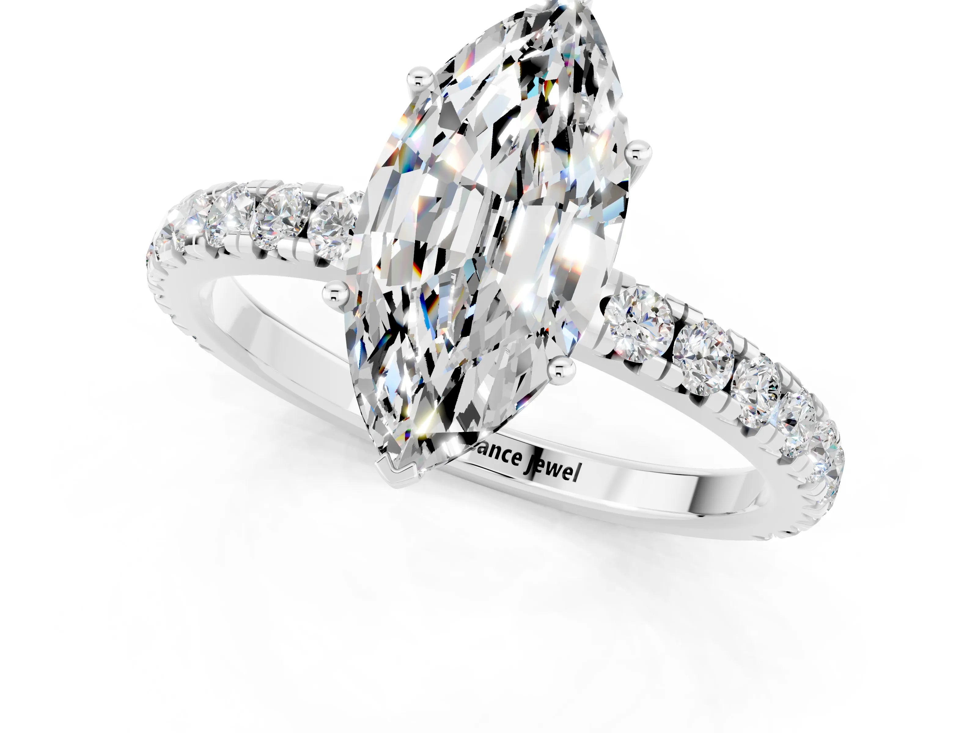 White gold Marquise Cut Moissanite Pavé Solitaire Engagement Ring with Four-Prong Setting_13