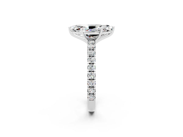 Platinum Marquise Cut Moissanite Pavé Solitaire Engagement Ring with Four-Prong Setting