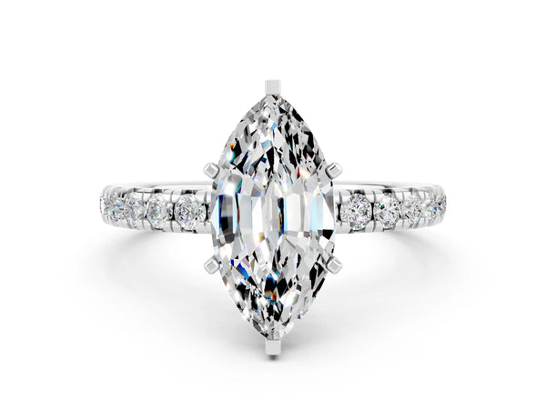 Platinum Marquise Cut Moissanite Pavé Solitaire Ring with Round Band and Prong Setting