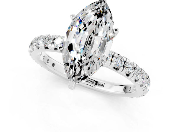 Platinum Marquise Cut Moissanite Pavé Solitaire Ring with Round Band and Prong Setting