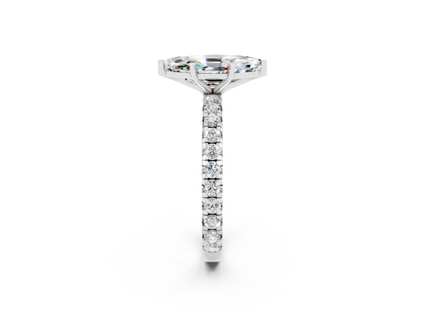 Platinum Marquise Cut Moissanite Pavé Solitaire Ring with Round Band and Prong Setting