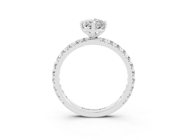 Platinum Marquise Cut Moissanite Pavé Solitaire Ring with Round Band and Prong Setting