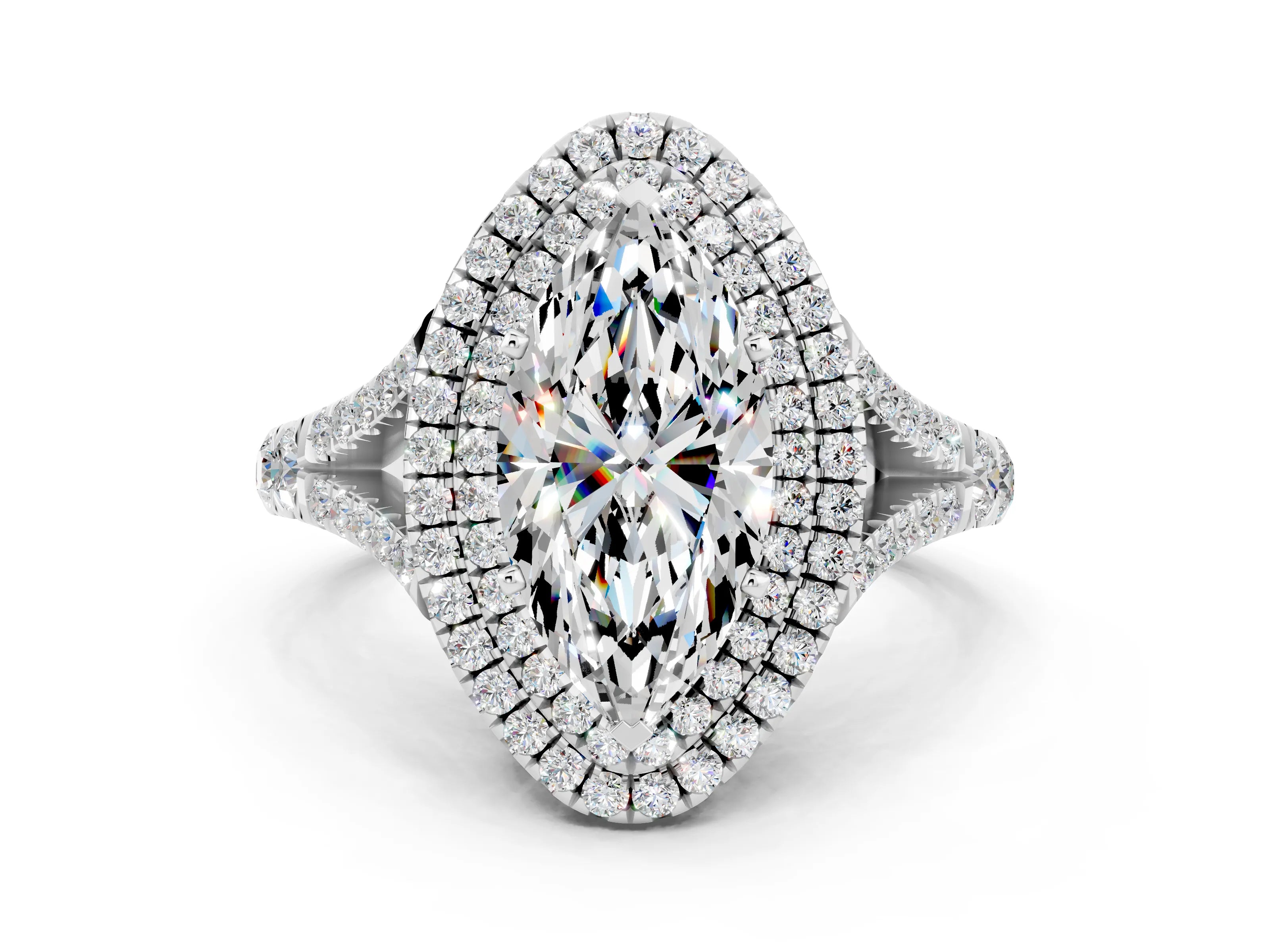White gold Marquise Cut Moissanite Pavé Split Shank Double Halo Engagement Ring_12