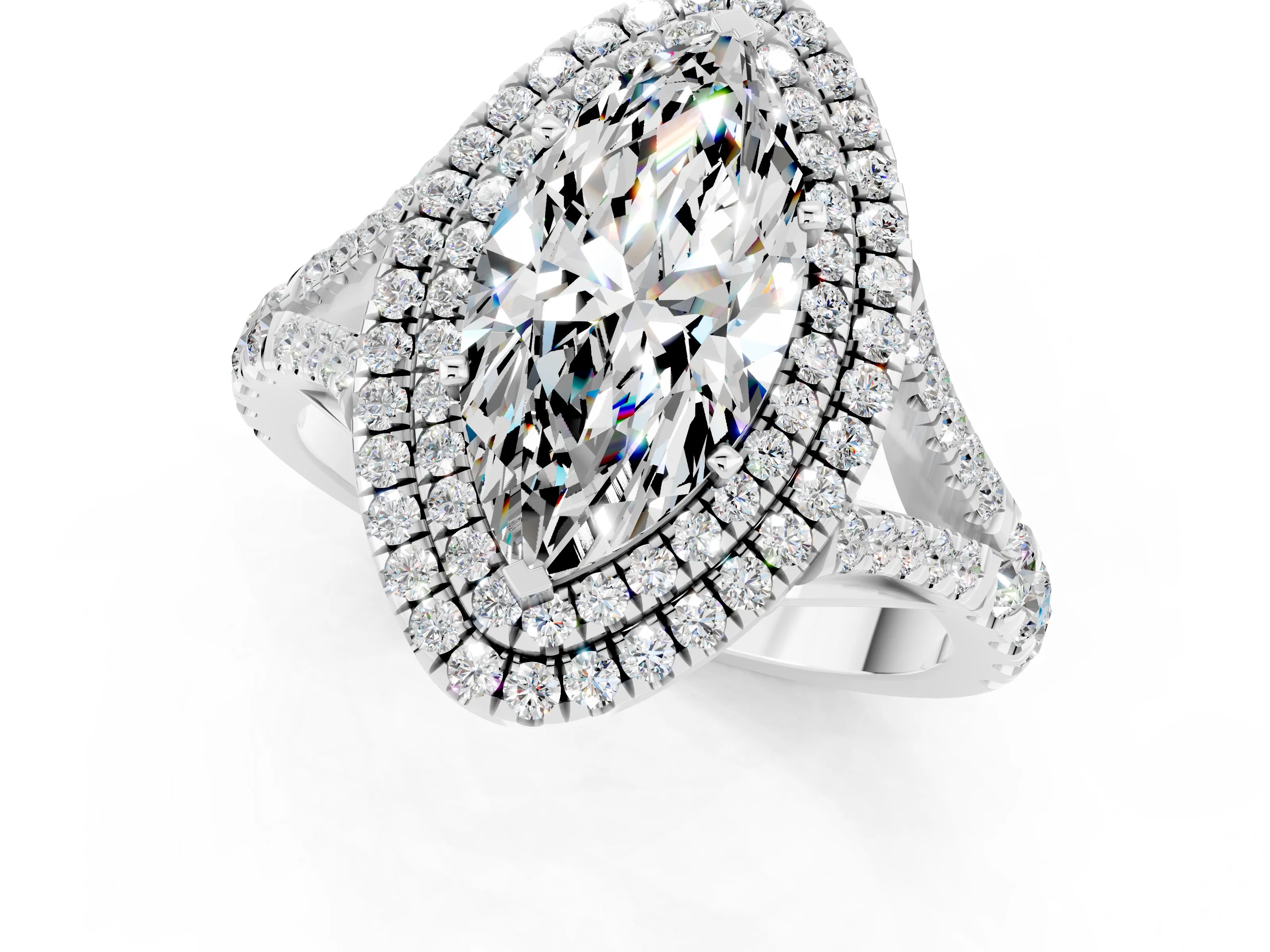 White gold Marquise Cut Moissanite Pavé Split Shank Double Halo Engagement Ring_13