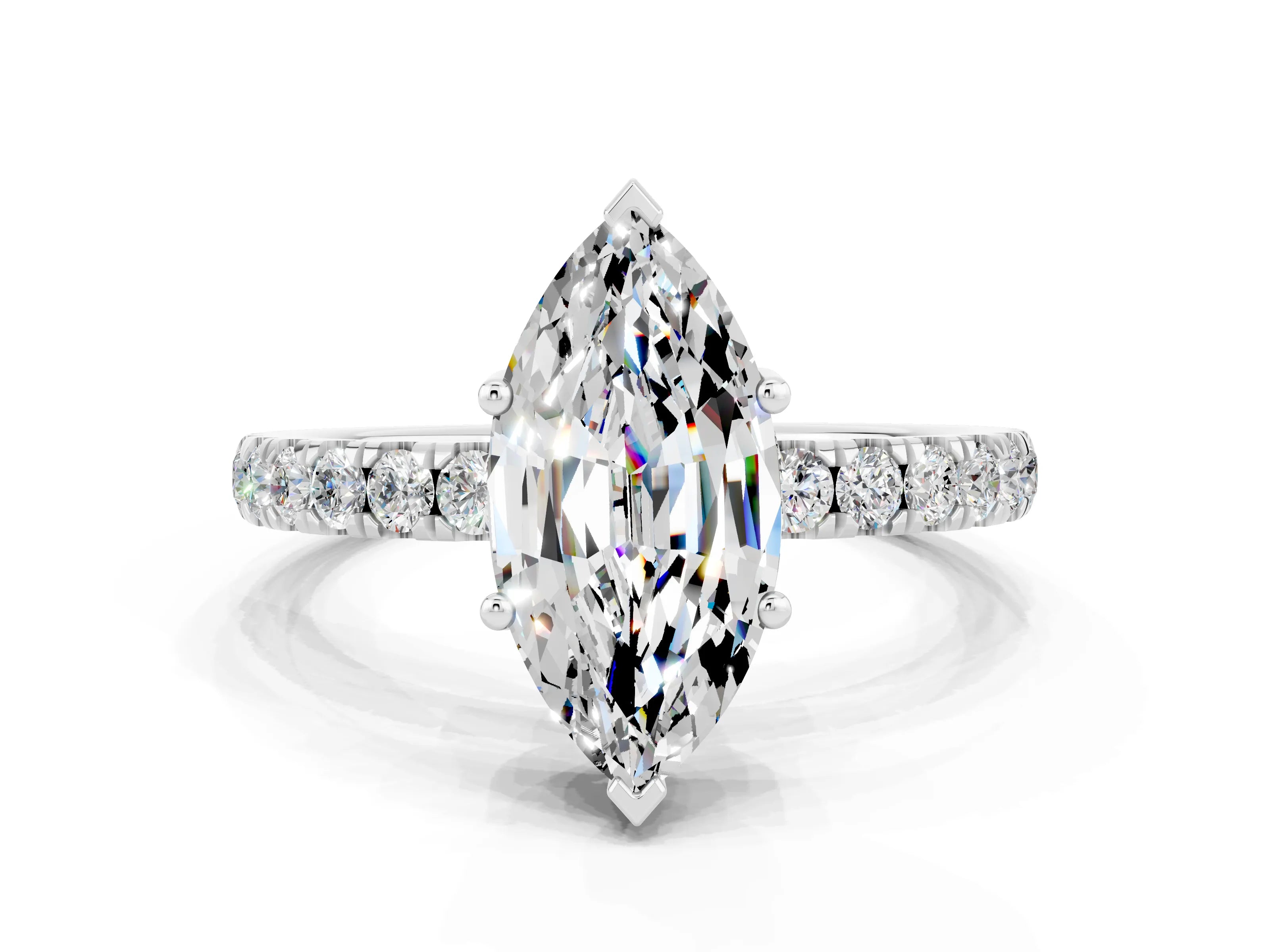 White gold Marquise Cut Moissanite Pave Band Solitaire Ring with Four-Prong Setting_24
