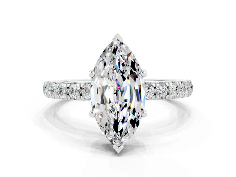 White gold Marquise Cut Moissanite Pave Band Solitaire Ring with Four-Prong Setting_24