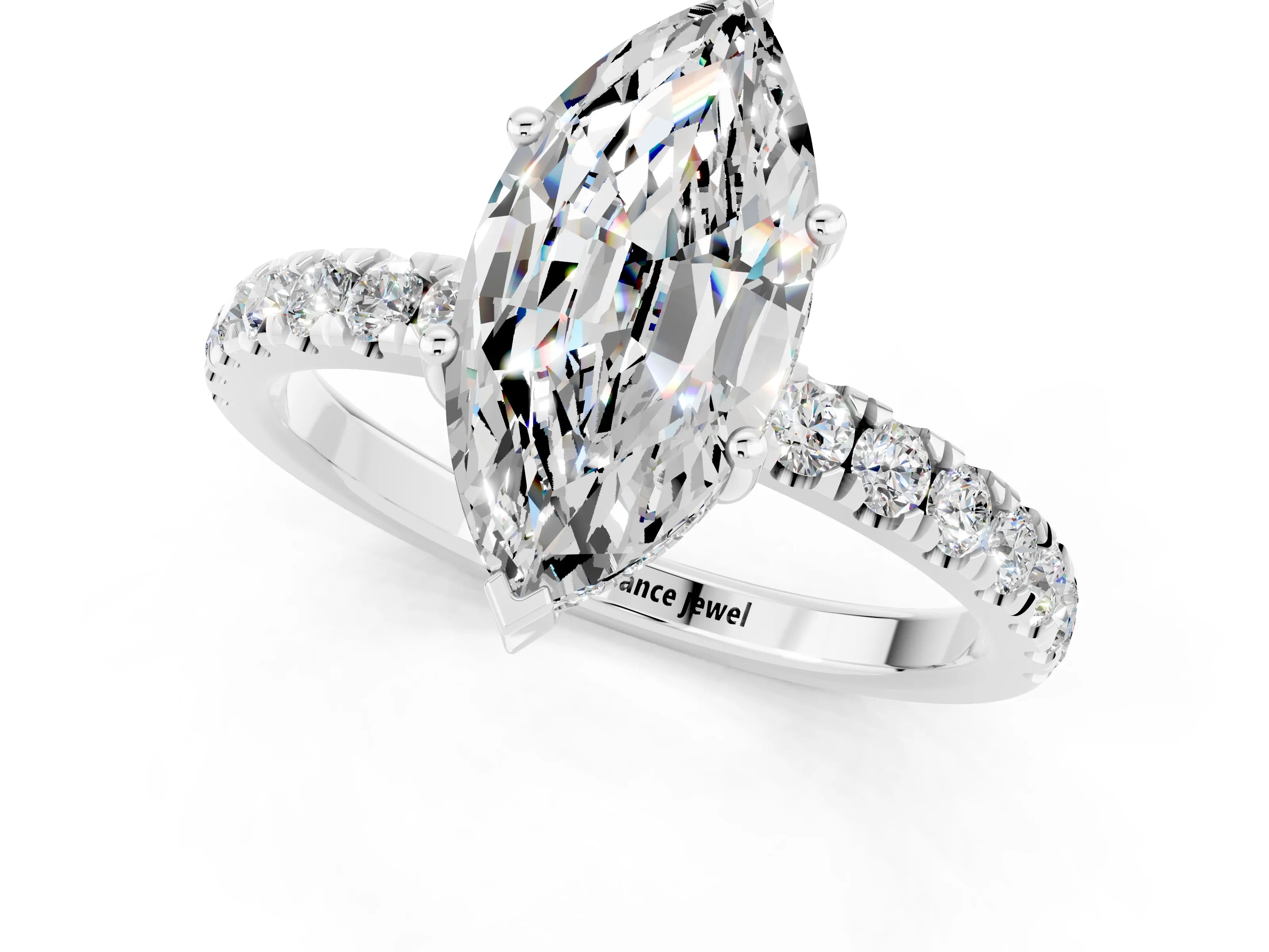 White gold Marquise Cut Moissanite Pave Band Solitaire Ring with Four-Prong Setting_25