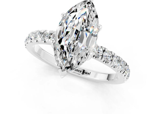 Silver Marquise Cut Moissanite Pave Band Solitaire Ring with Round  and Prong Setting
