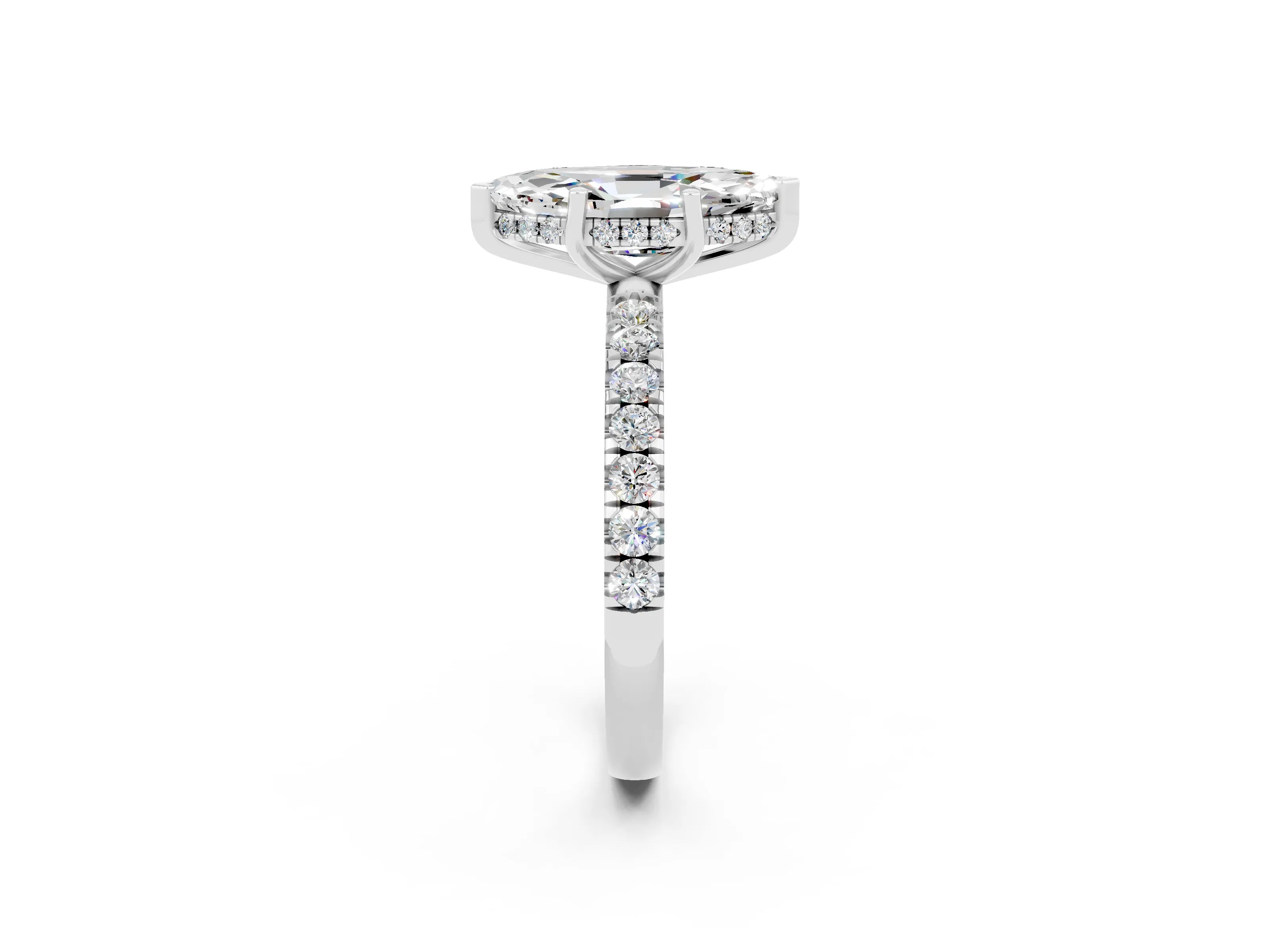 White gold Marquise Cut Moissanite Pave Band Solitaire Ring with Four-Prong Setting_26