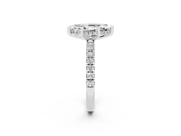 White gold Marquise Cut Moissanite Pave Band Solitaire Ring with Round  and Prong Setting