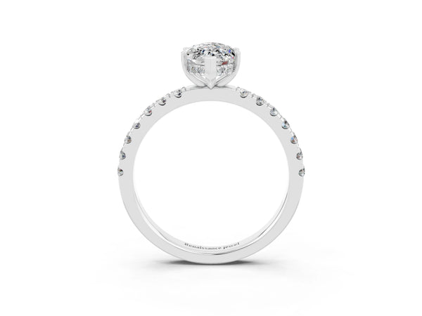 Platinum Marquise Cut Moissanite Pave Band Solitaire Ring with Round  and Prong Setting