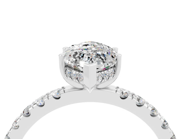 Silver Marquise Cut Moissanite Pave Band Solitaire Ring with Round  and Prong Setting