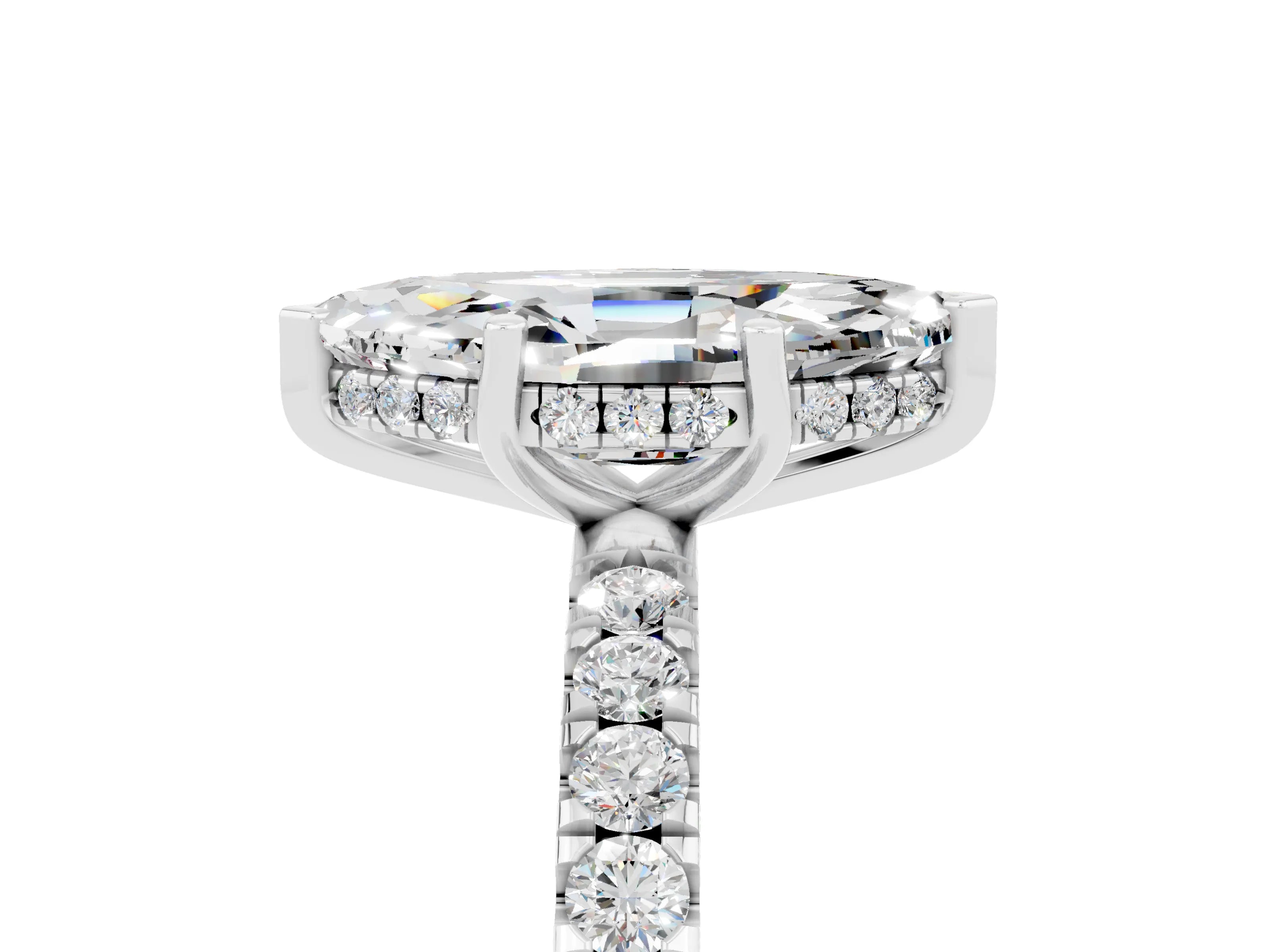White gold Marquise Cut Moissanite Pave Band Solitaire Ring with Four-Prong Setting_29