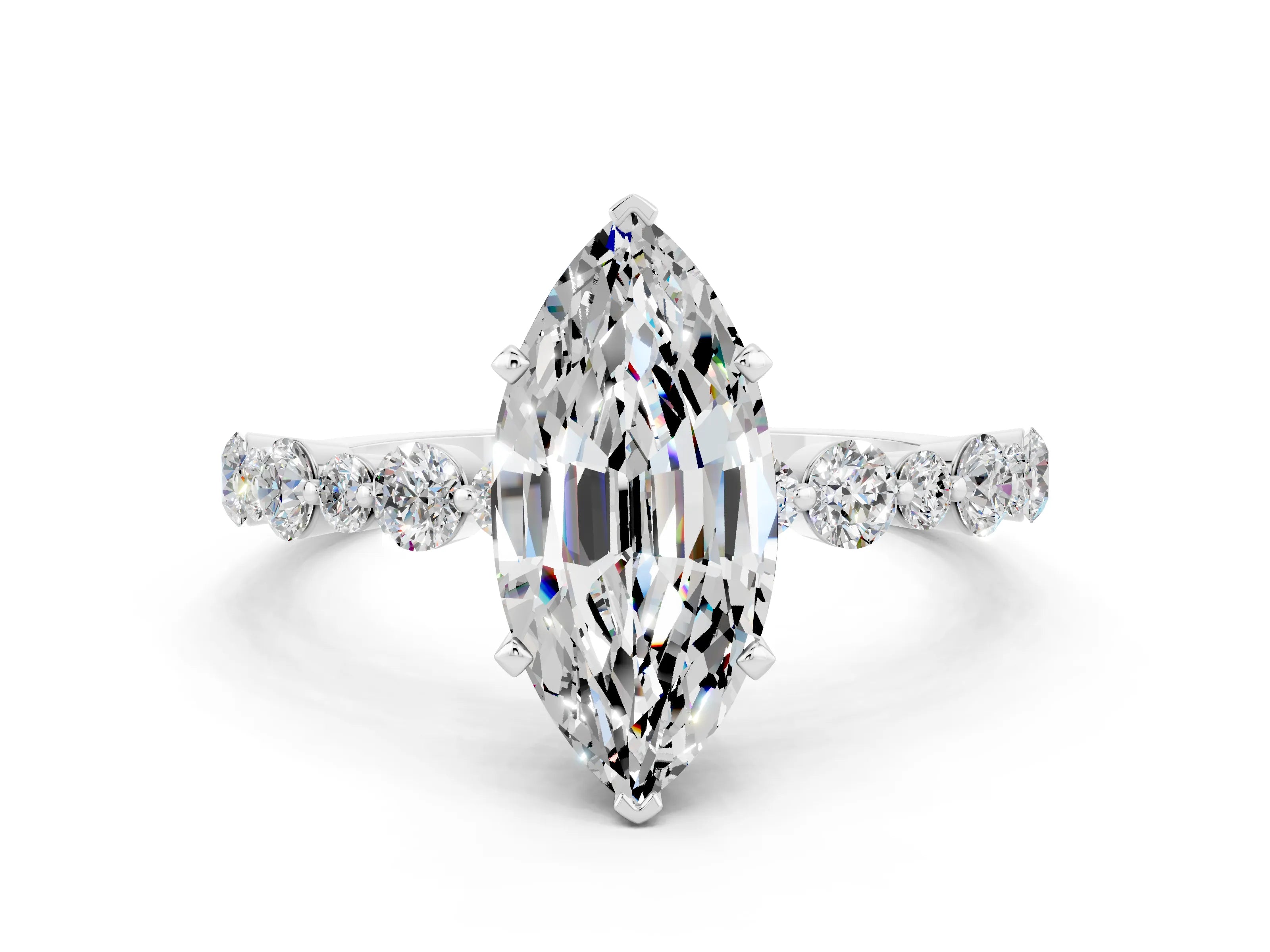 White gold Marquise Cut Moissanite Prong Set Engagement Ring with Pavé Band