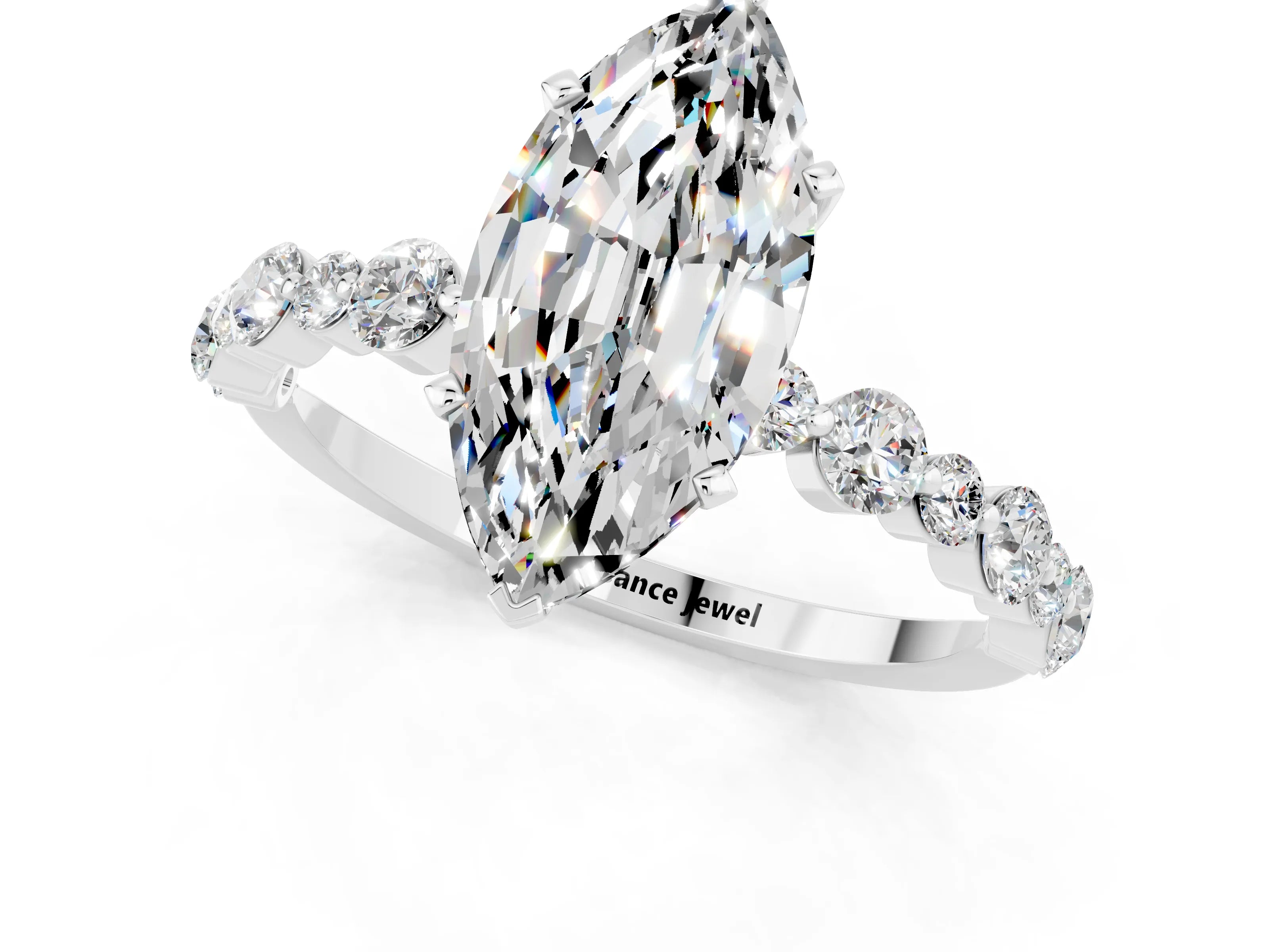 White gold Marquise Cut Moissanite Prong Set Engagement Ring with Pavé Band_1