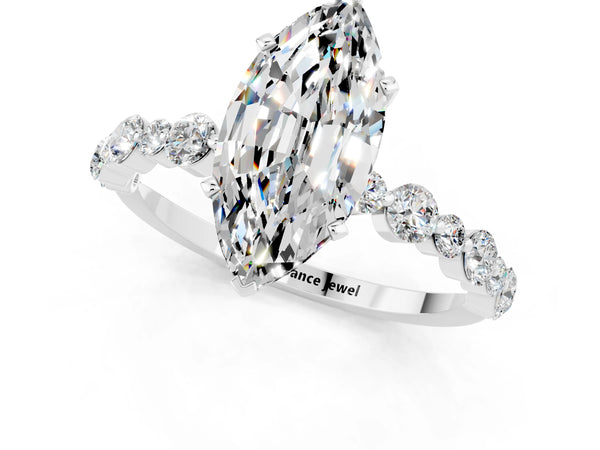Silver Marquise Cut Moissanite Prong Set Engagement Ring with Pavé Band