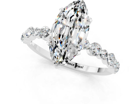 White gold Marquise Cut Moissanite Prong Set Engagement Ring with Pavé Band_1