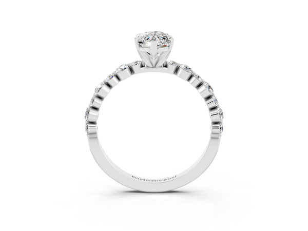 Platinum Marquise Cut Moissanite Prong Set Engagement Ring with Pavé Band