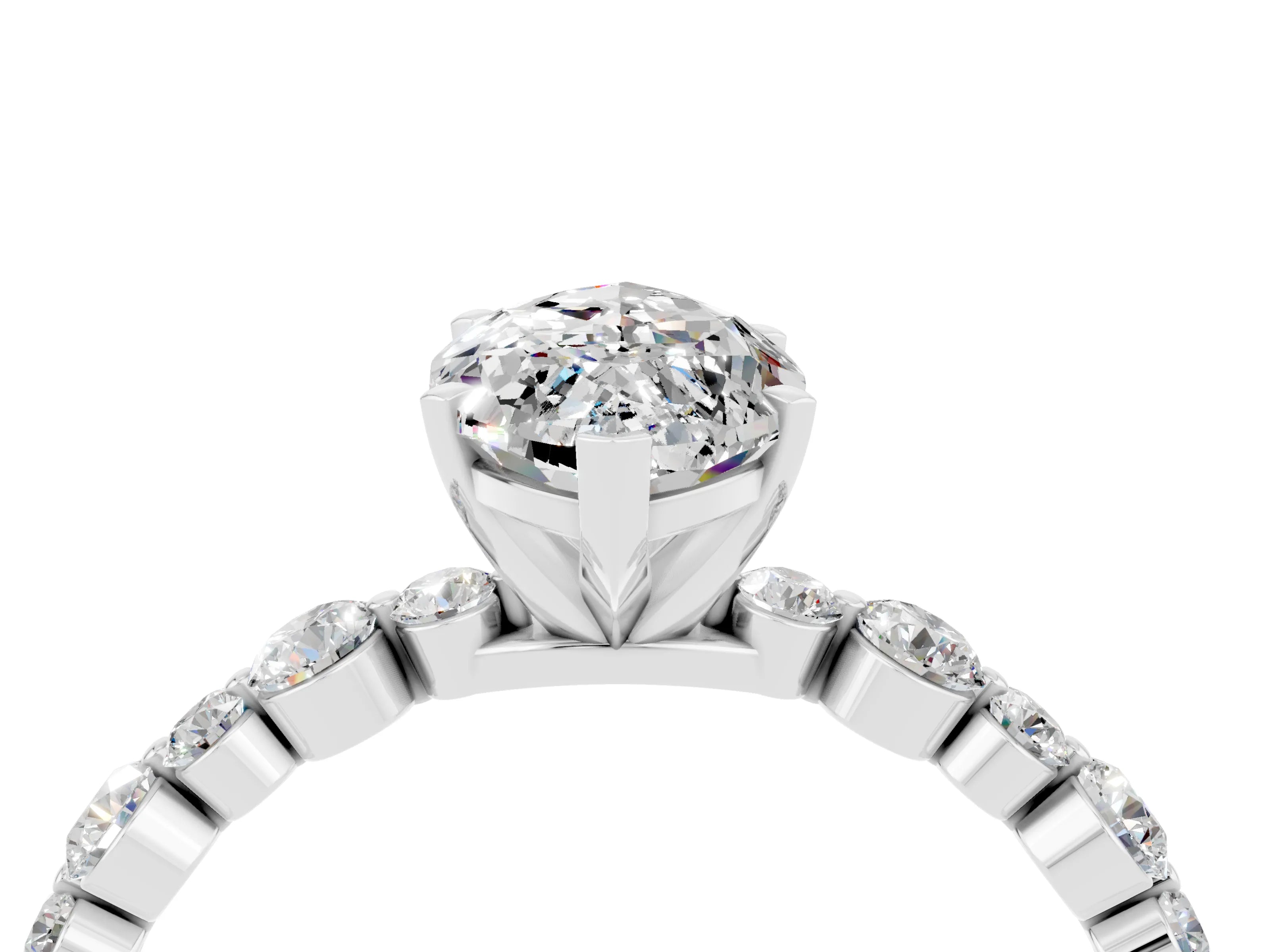 White gold Marquise Cut Moissanite Prong Set Engagement Ring with Pavé Band_4