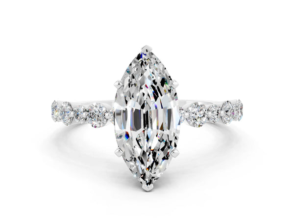 White gold Marquise Cut Moissanite Prong Set Engagement Ring with Pavé Band