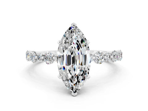 White gold Marquise Cut Moissanite Prong Set Engagement Ring with Pavé Band