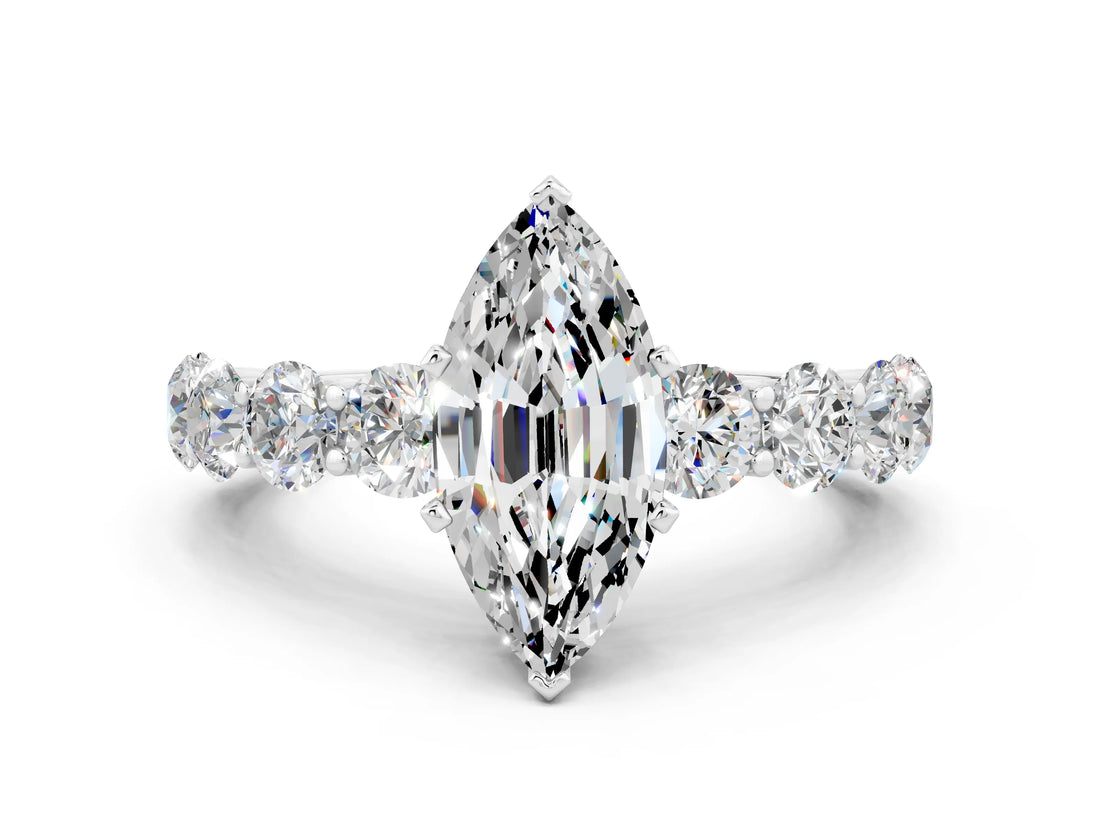 White gold Marquise Cut Moissanite Prong Setting with Side Stones on a Pave Band