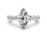 White gold Marquise Cut Moissanite Prong Setting with Side Stones on a Pave Band