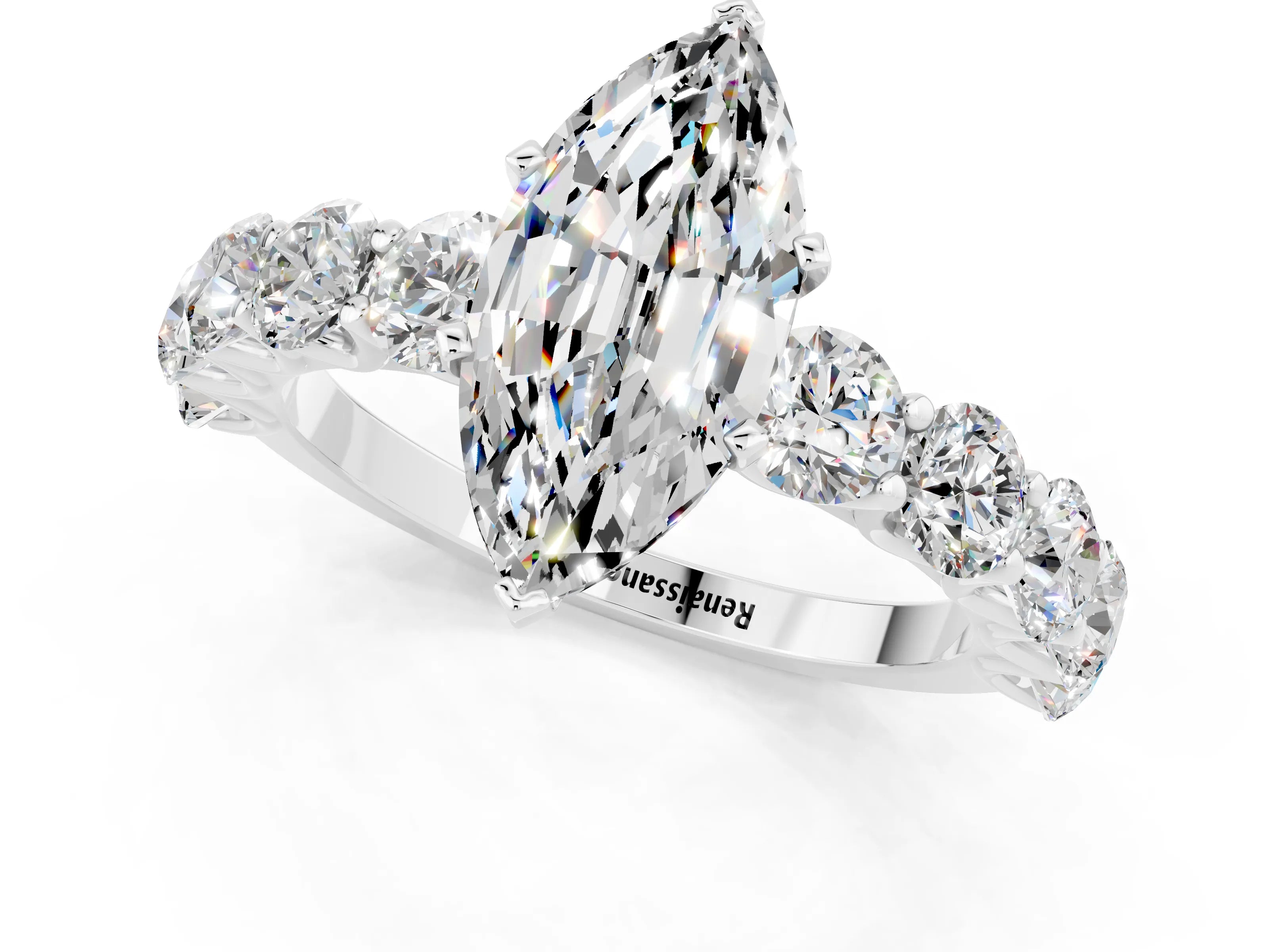 White gold Marquise Cut Moissanite Prong Setting with Side Stones on a Pave Band_1